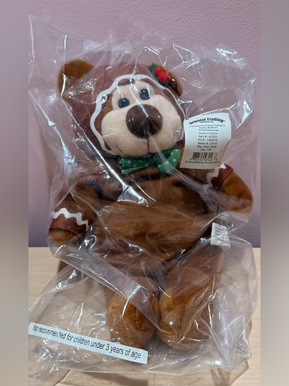 Holiday Brown Gingerbread Bear Plush Toy with Green Bow
